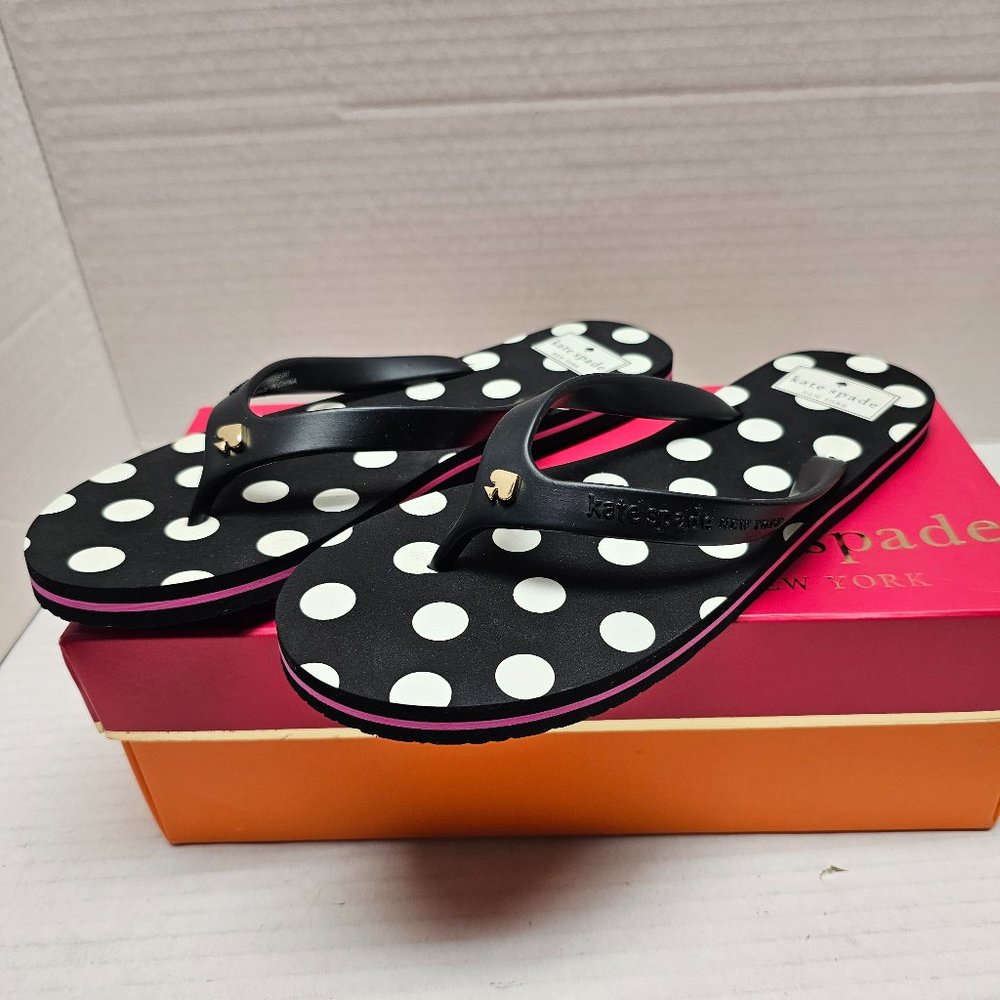 New Kate Spade New York Black White Polka Dot Flip Flops Pink Stripe Sandals 9 M